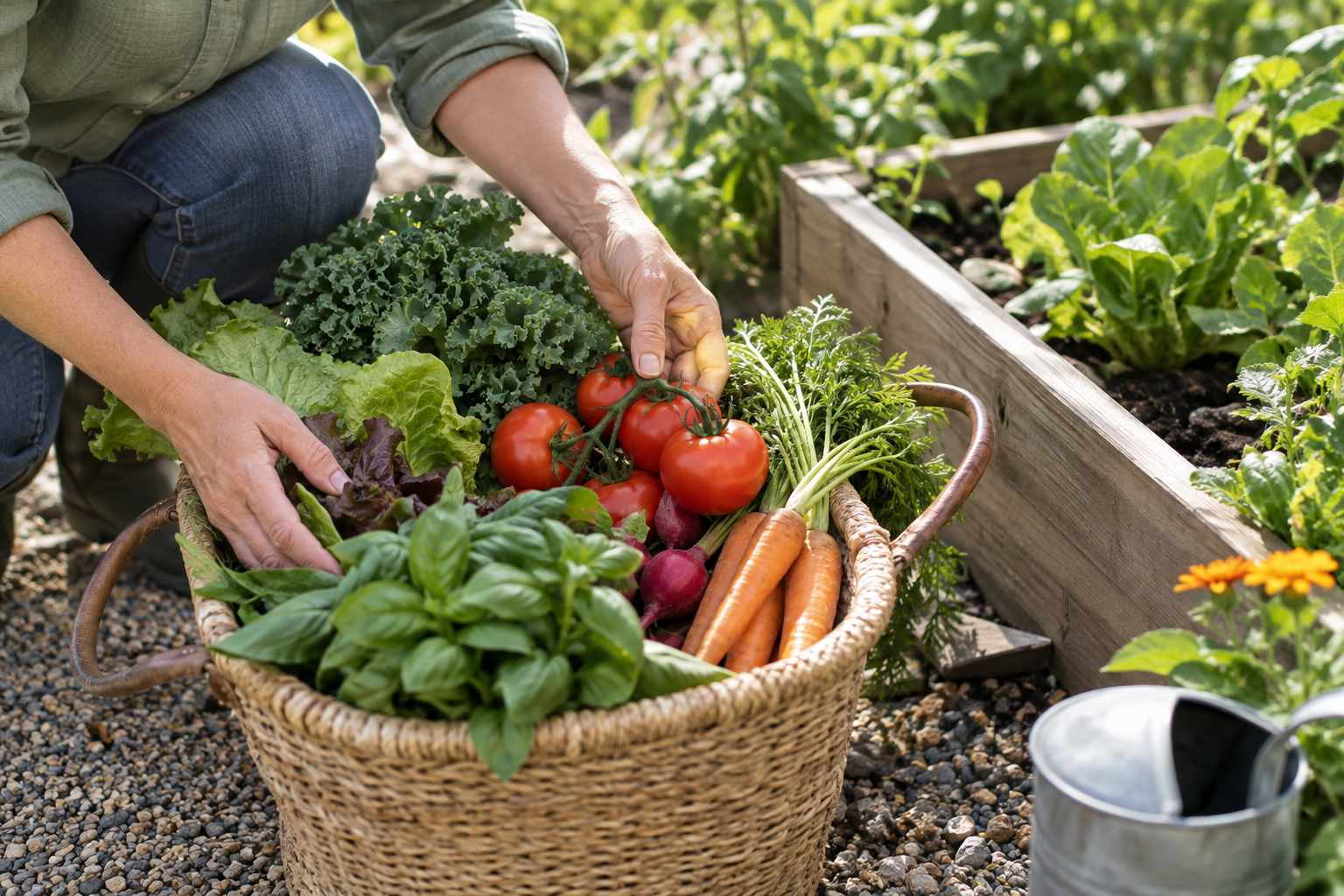 Illustration: A gardener's hands arranging freshly harvested tomatoes, carrots, leafy greens and herbs in a reusable market basket beside a small backyard raised vegetable bed.